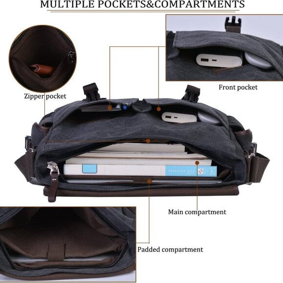 Vintage Canvas 15.6 inch Laptop Messenger Bag for Men Women, College Computer Sa - Picture 4 of 7